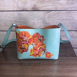 Womens Charles & Keith Shoulder Bag Teal w/ Hand Painted Flowers